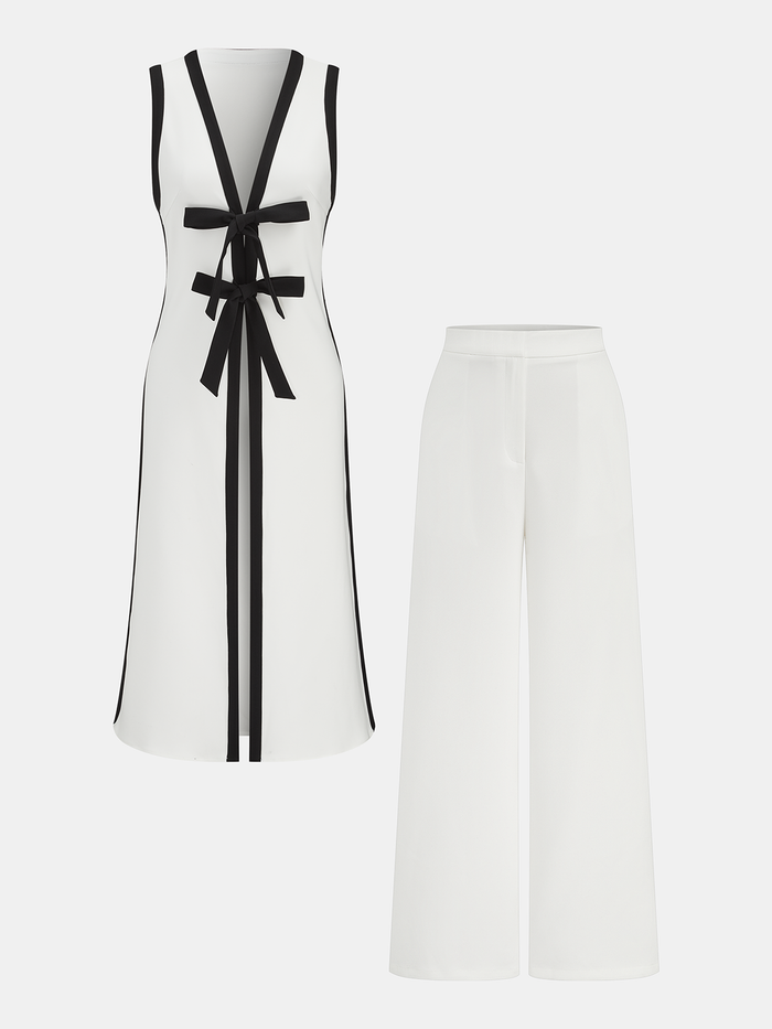 Bow Tie Longline Vest Coat & Pants Set for Formal Events