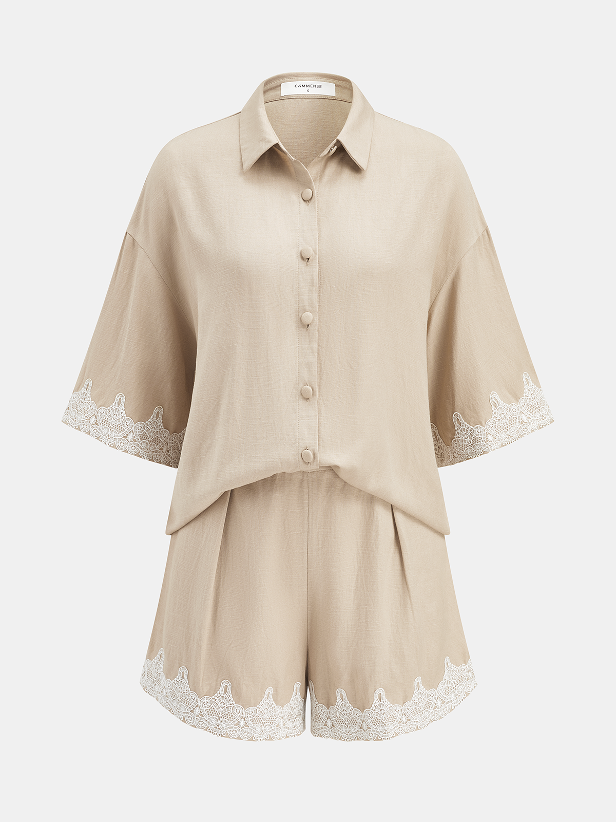 Linen Blend Lace Trim Shirt & Shorts Set with Drawstring Waist