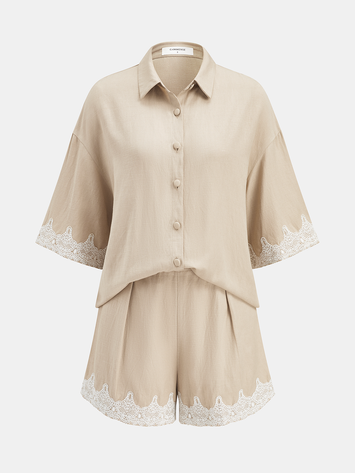 Linen Blend Lace Trim Shirt & Shorts Set with Drawstring Waist