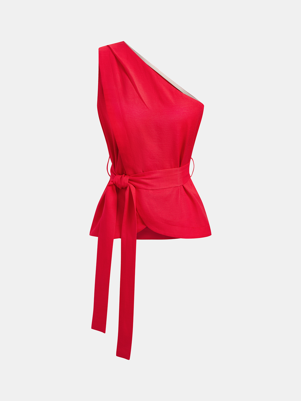 One Shoulder Linen Blend Belted Top with Adjustable Waist Tie