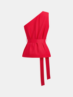 One Shoulder Linen Blend Belted Top with Adjustable Waist Tie