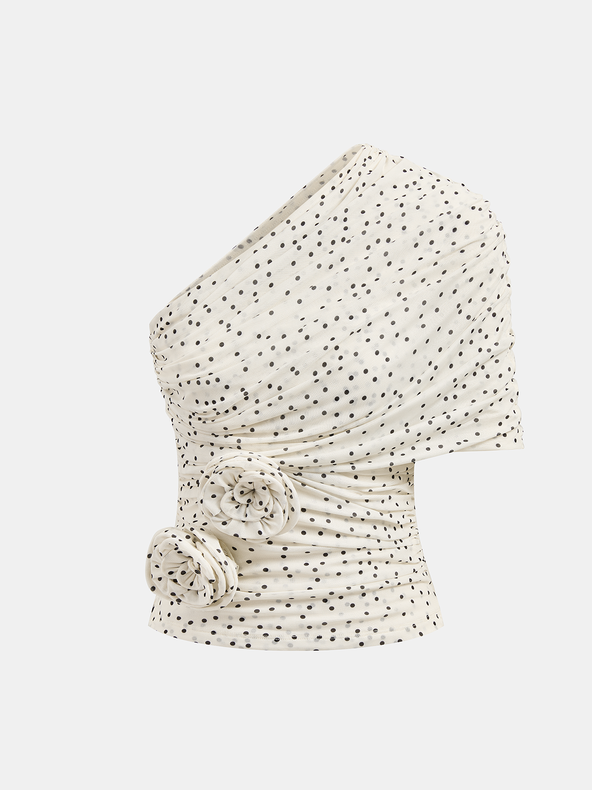 Polka Dot 3D Flower One Shoulder Top with Ruffle Detail