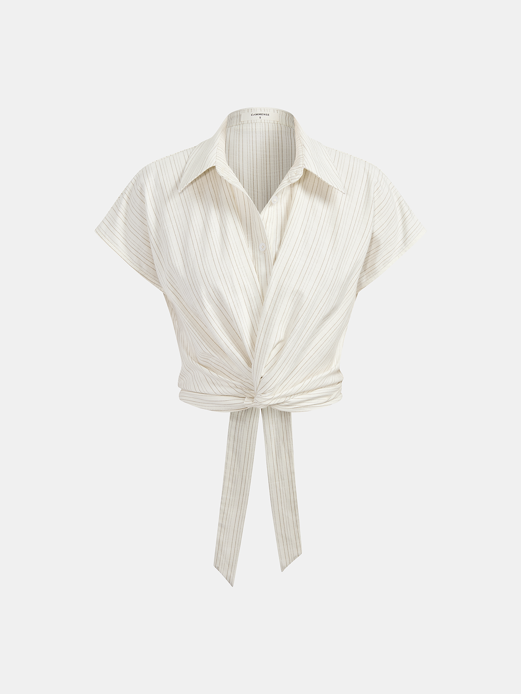 Striped Cap Sleeve Tie Waist Blouse with V-Neck for Women