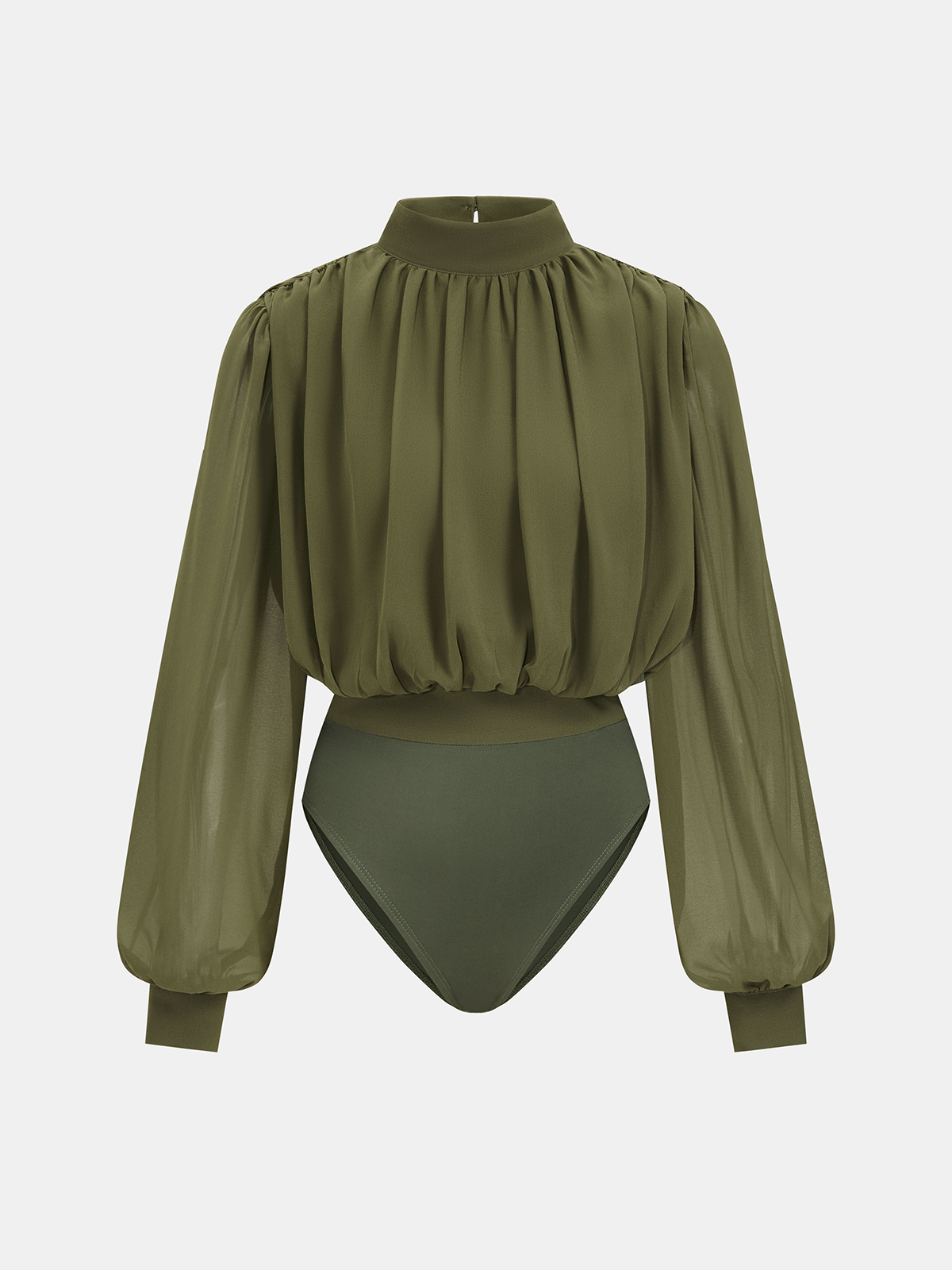 Semi-Sheer Puff-Sleeve Ruched Bodysuit Trendy Versatile Women’s Top