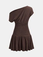 One Shoulder Smocked Waist Mini Dress Flattering Summer Party Outfit