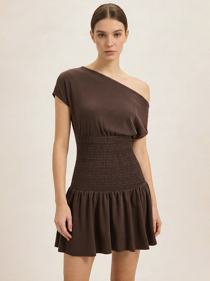 One Shoulder Smocked Waist Mini Dress Flattering Summer Party Outfit