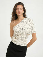 Polka Dot 3D Flower One Shoulder Top with Ruffle Detail