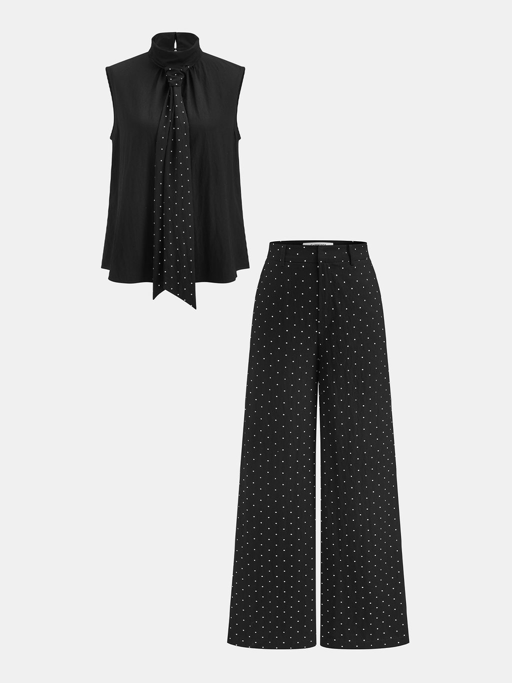 Polka Dot Tie Neck Top & Wide Leg Pants Set for Women Casual Wear