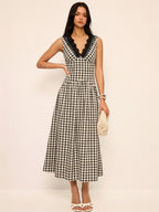 Sleeveless Lace Trim Gingham Maxi Dress for Women Summer Breezy Style