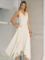 Pocket Detail Sleeveless Belted Maxi Dress for Women Summer Casual