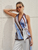 Halter Striped Satin Tie-Waist Blouse Women's Elegant Summer Top