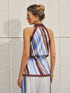Halter Striped Satin Tie-Waist Blouse Women's Elegant Summer Top