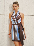 Halter Striped Satin Wrap Mini Dress for Women Summer Casual