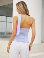 Striped Backless Buttoned Blouse with Tie Detail Closure