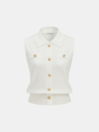 Metal Button Collared Sleeveless Knit Top for Women Casual Summer Wear
