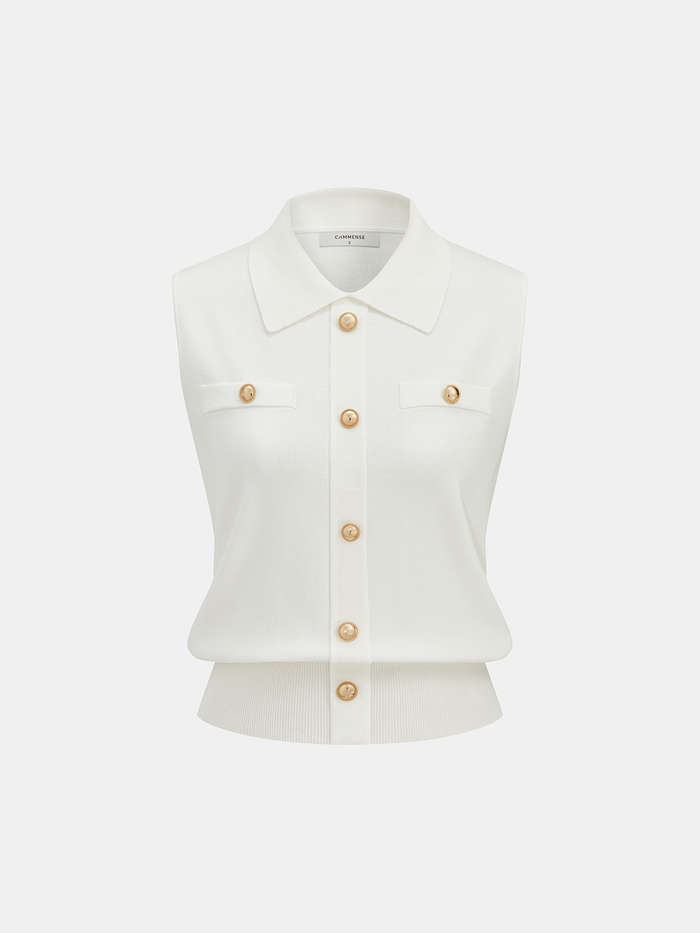 Metal Button Collared Sleeveless Knit Top for Women Casual Summer Wear