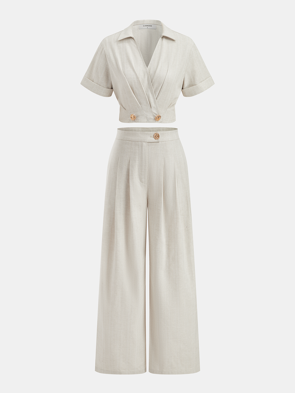 Cotton Linen Crop Top & Pleated Pants Set for Women Comfort Fit