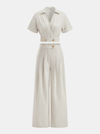 Cotton Linen Crop Top & Pleated Pants Set for Women Comfort Fit