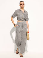 Striped Cropped Shirt & Wide Leg Pants Set for Summer Casual Wear