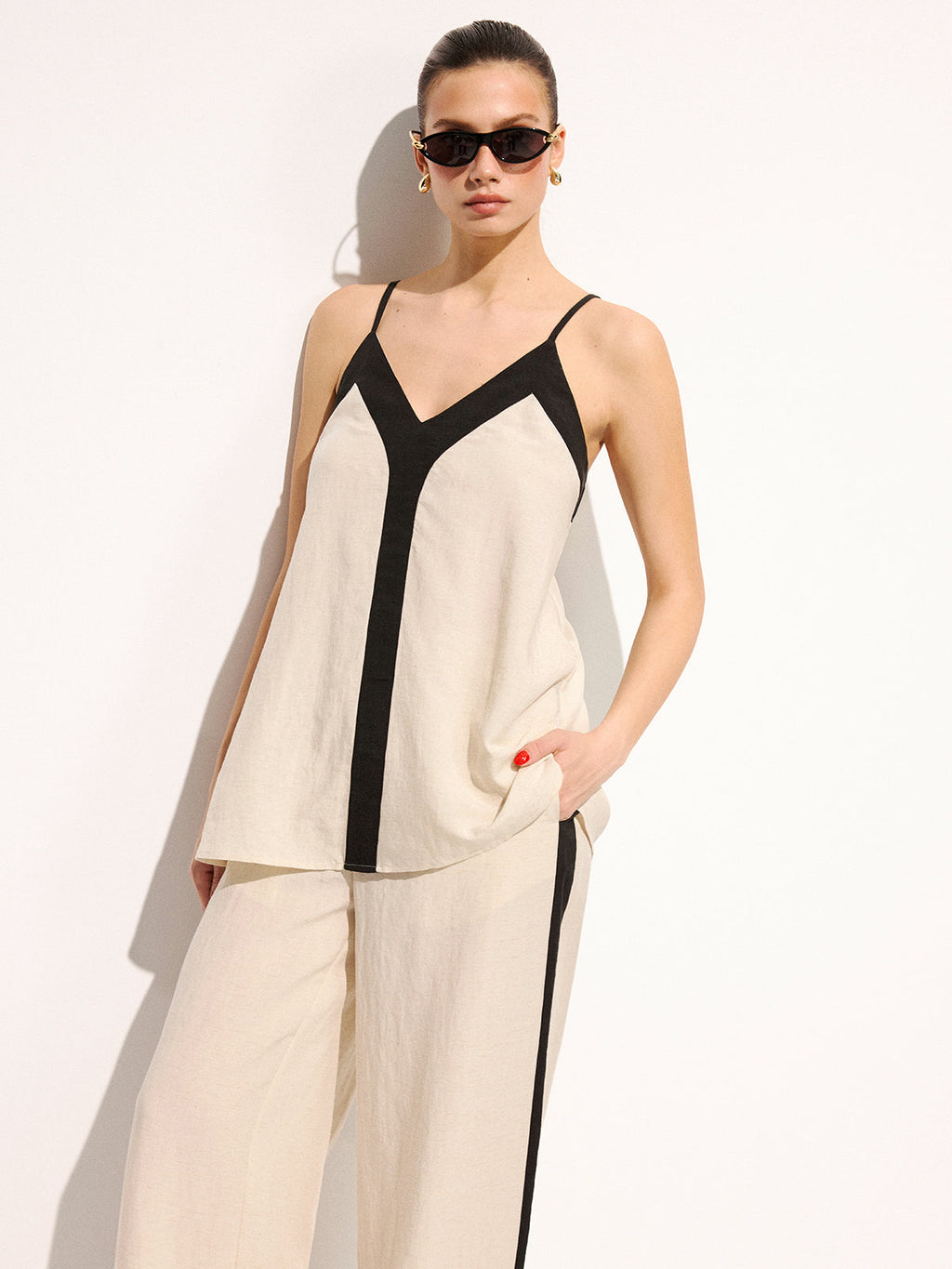 Cotton Linen Contrast Trim Cami Top & Pants Set, Casual Summer Outfit