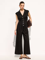 Linen Blend Sleeveless Lapel Wide Leg Jumpsuit for Women Summer Casual