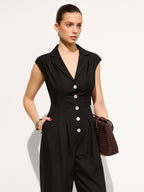 Linen Blend Sleeveless Lapel Wide Leg Jumpsuit for Women Summer Casual