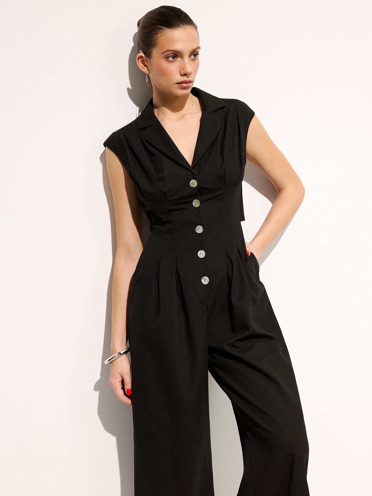 Linen Blend Sleeveless Lapel Wide Leg Jumpsuit for Women Summer Casual