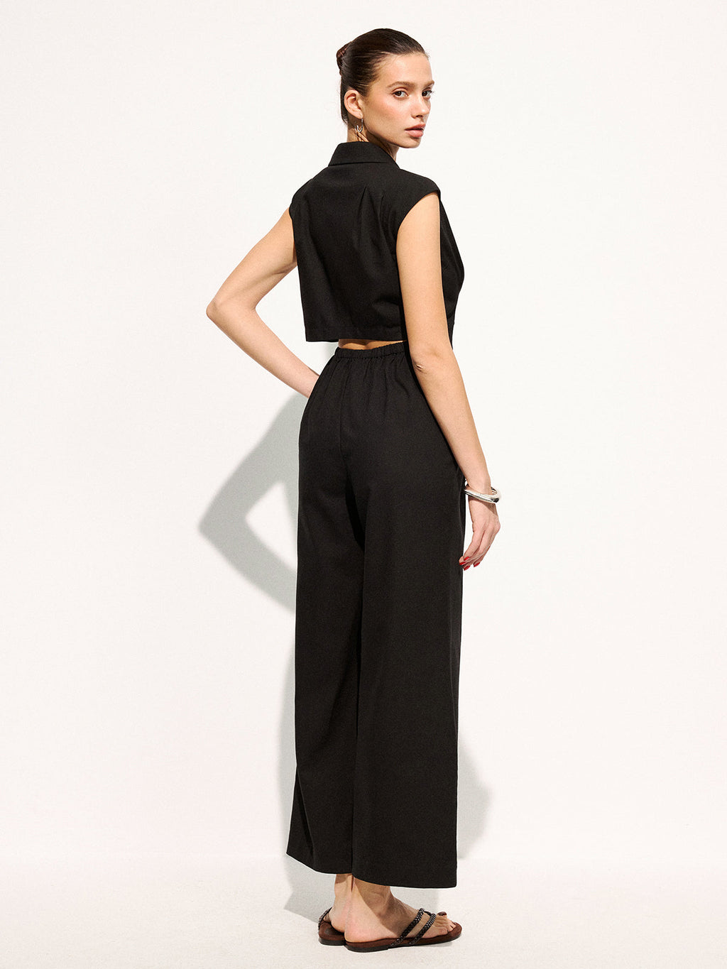 Linen Blend Sleeveless Lapel Wide Leg Jumpsuit for Women Summer Casual