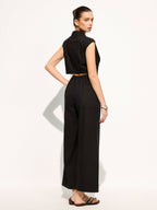 Linen Blend Sleeveless Lapel Wide Leg Jumpsuit for Women Summer Casual