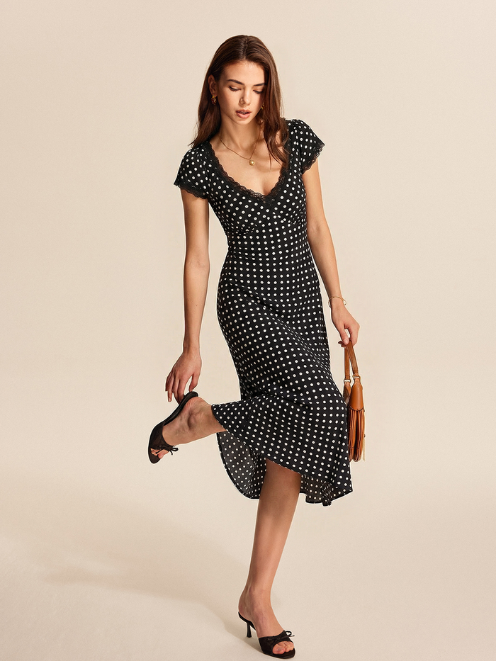 Polka Dot Lace V-Neck Maxi Dress Elegant Flowy Evening Wear