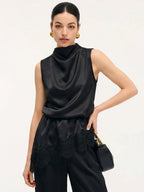 Lace Trim Satin Sleeveless Blouse Elegant Casual Summer Top