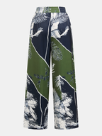 Leaf Print Strapless Top & Pants Set with Elastic Waistband