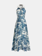 Toile Print Buttoned Collared Maxi Dress with Side Pockets and Belt