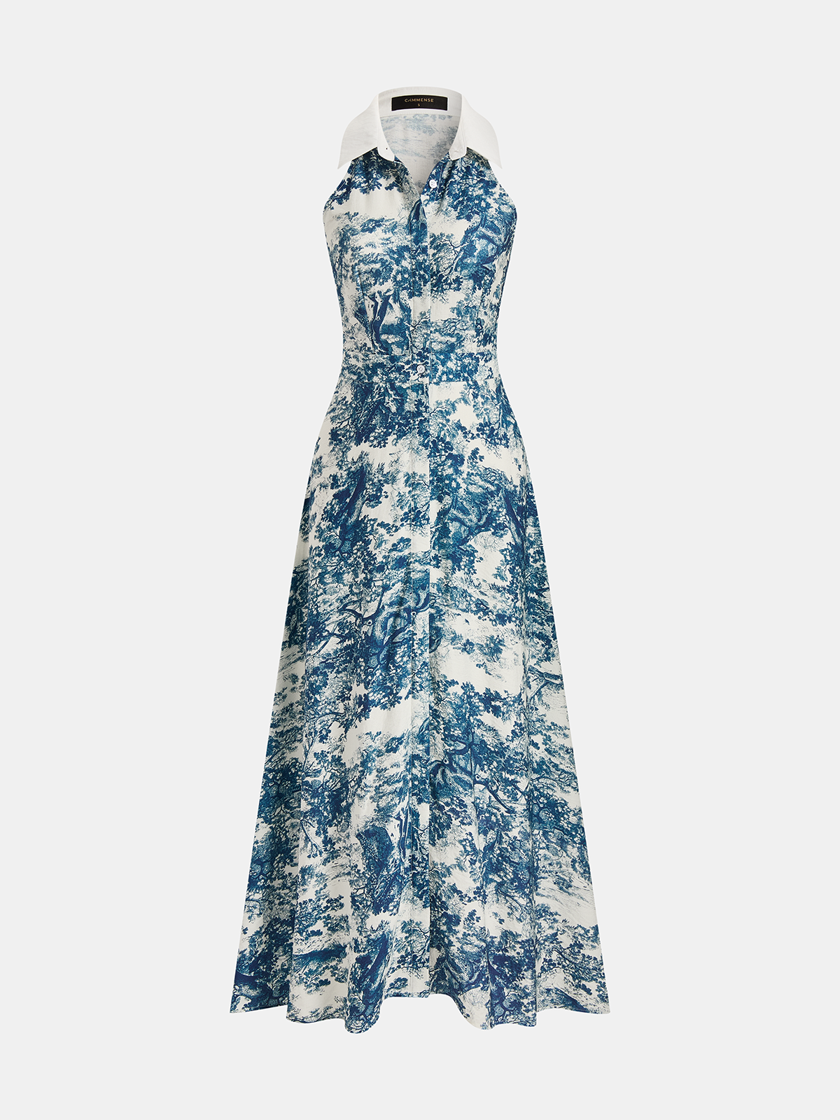 Toile Print Buttoned Collared Maxi Dress with Side Pockets and Belt