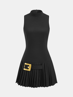 Sleeveless Mock Neck Buckle Pleated Dress for Women Elegant Evening Wear