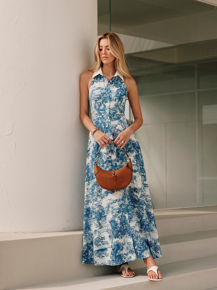 Toile Print Buttoned Collared Maxi Dress with Side Pockets and Belt