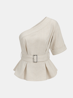 Cotton Linen One Shoulder Belted Top & Pants Set for Women Summer Casual