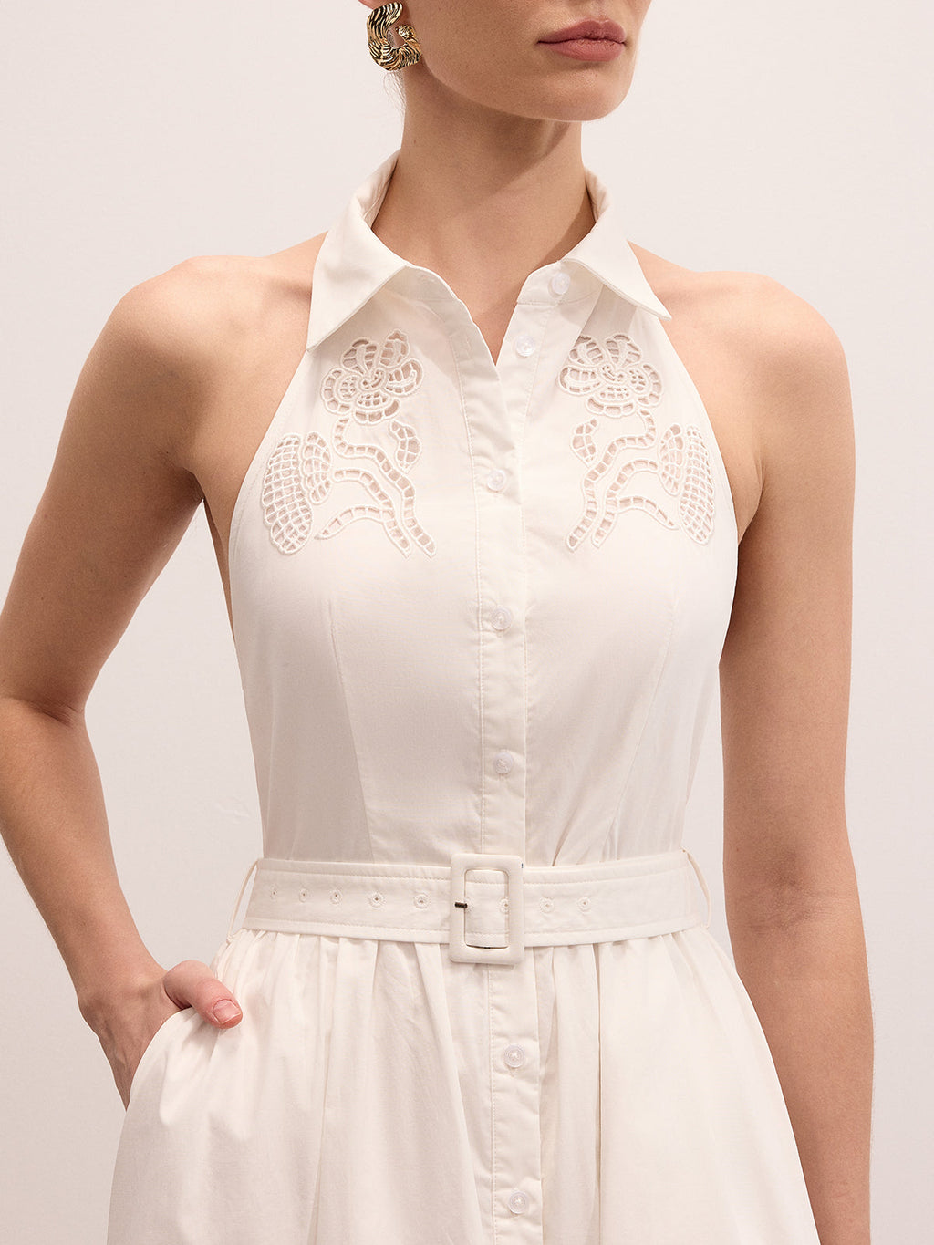Cotton Embroidered Belted Halter Maxi Dress for Women Summer Wedding