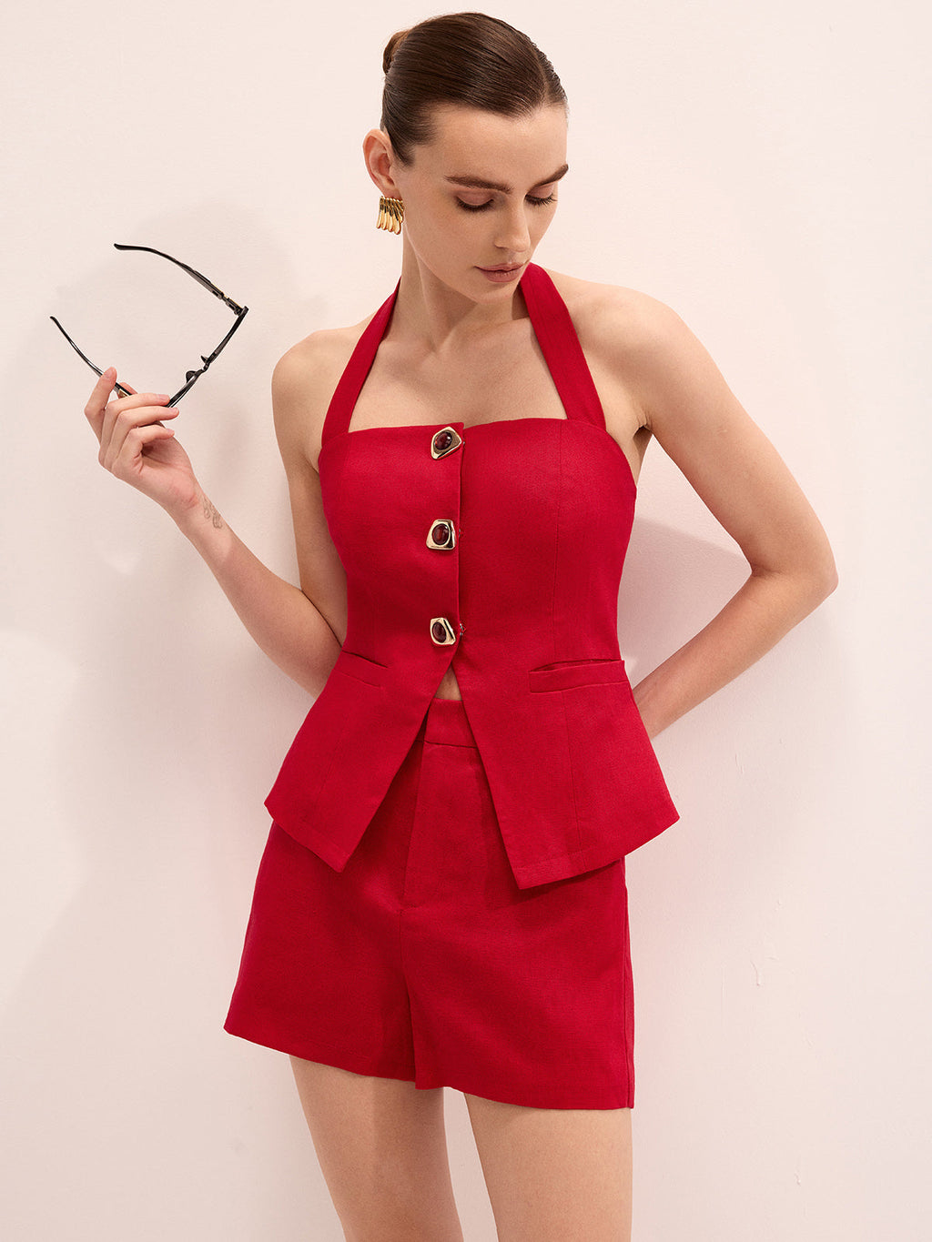 Linen Blend Halter Top & Shorts Set for Summer Casual Wear