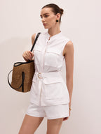 Linen Blend Cargo Belted Vest & Shorts Set for Women Summer Outfit