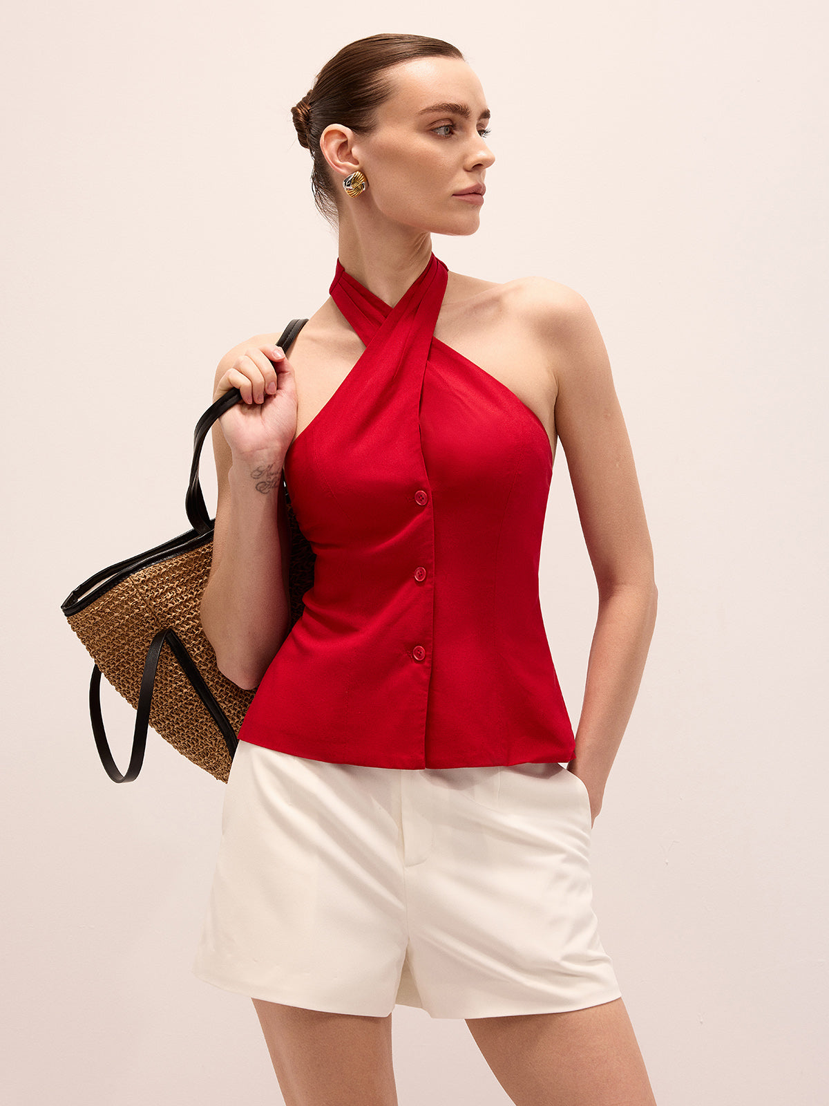 Linen Blend Crisscross Halter Top for Women Spring Summer Fashion