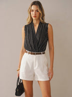 Cotton Linen Striped Sleeveless Wrap Bodysuit for Women Summer Casual