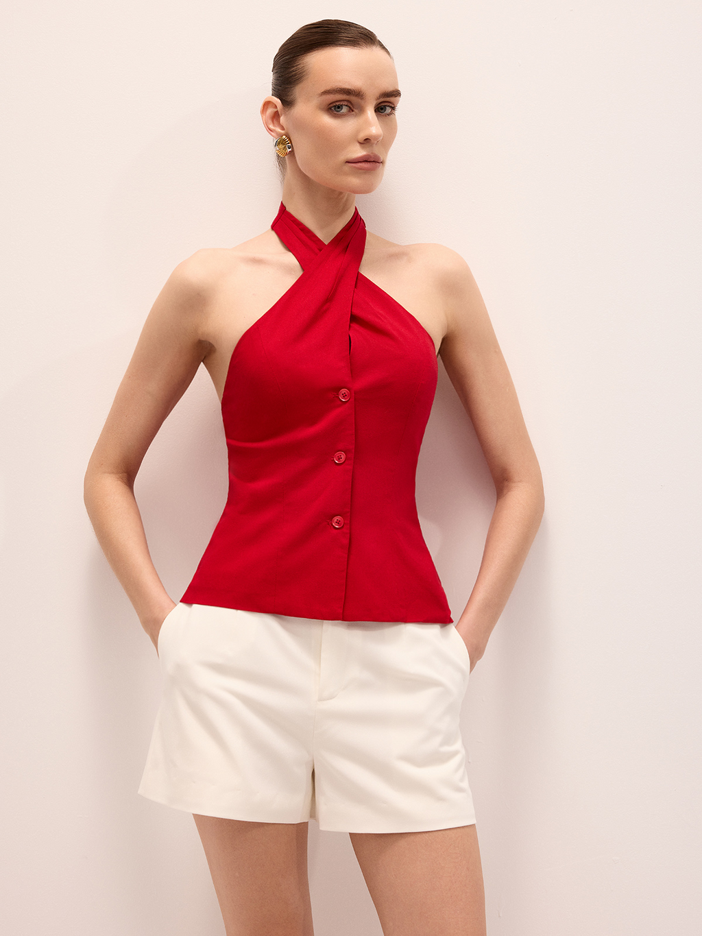 Linen Blend Crisscross Halter Top for Women Spring Summer Fashion