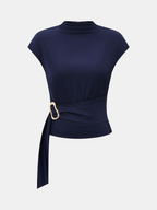 Metal Buckle Cap Sleeve Satin Top for Elegant Evening Wear
