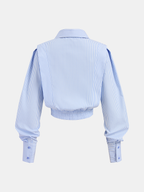 Striped Cinched Waist Cropped Shirt with Button Detail