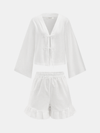 Cotton Tie-Front Blouse & Ruffled Shorts Set for Women Summer Casual