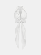 Collared Sleeveless Knotted Cropped Blouse - Trendy Women's Summer Fashion Top