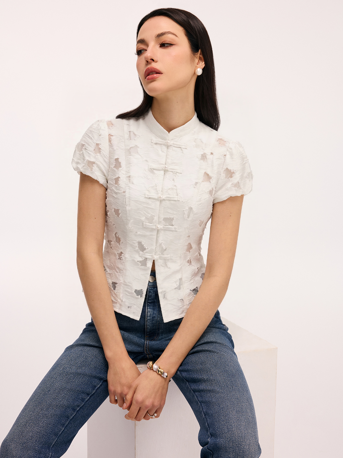 Frog Button Mandarin Collar Textured Blouse for Women Floral Detail