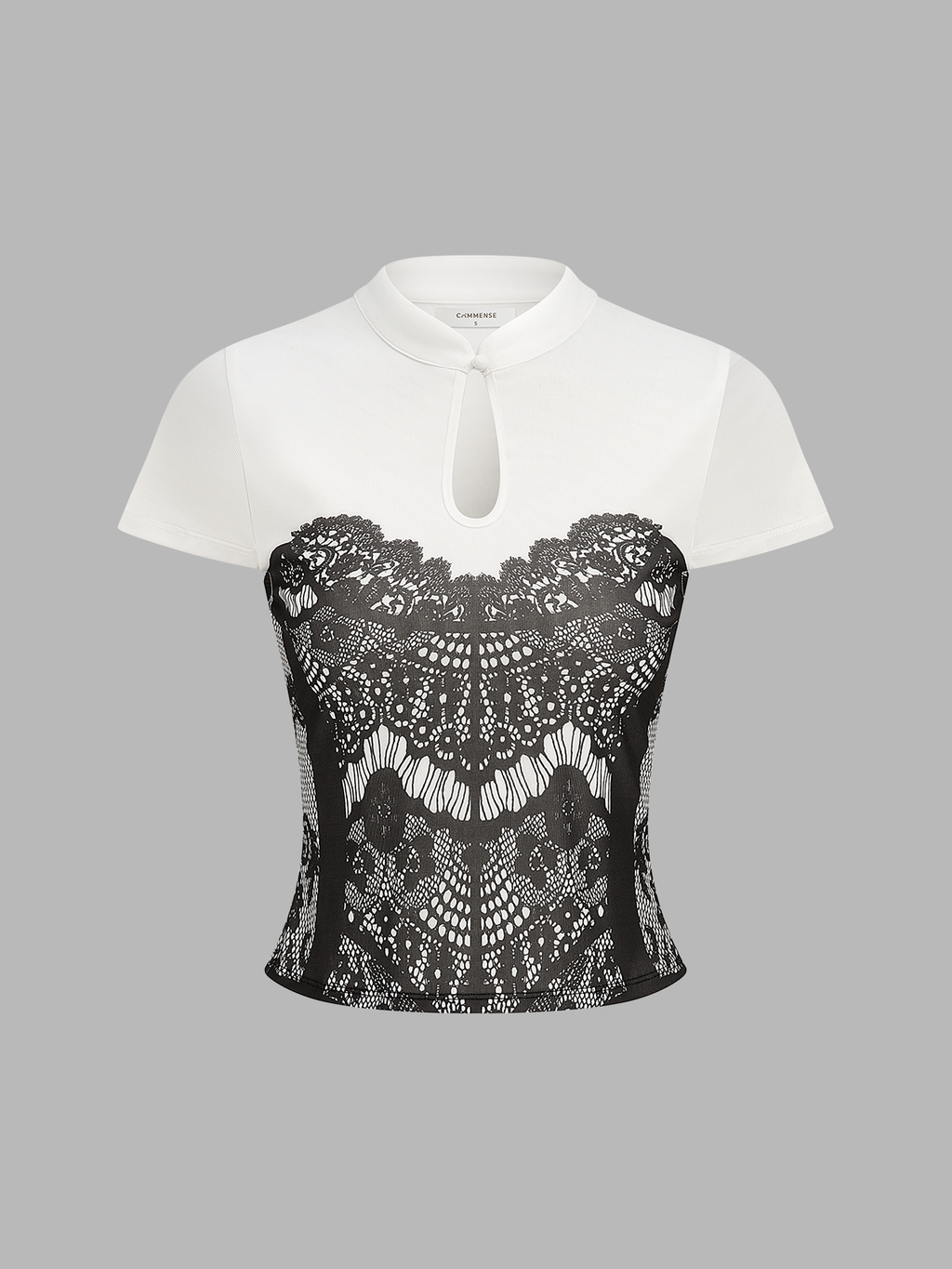 Lace Print Keyhole Neck Short Sleeve Top Women's Casual Blouse