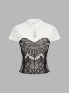 Lace Print Keyhole Neck Short Sleeve Top Women's Casual Blouse